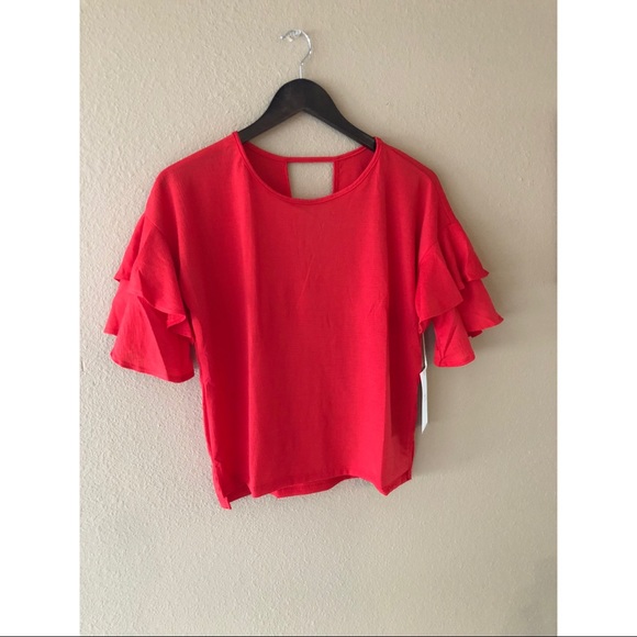 Red ruffle sleeve keyhole cut out  blouse - Picture 3 of 5